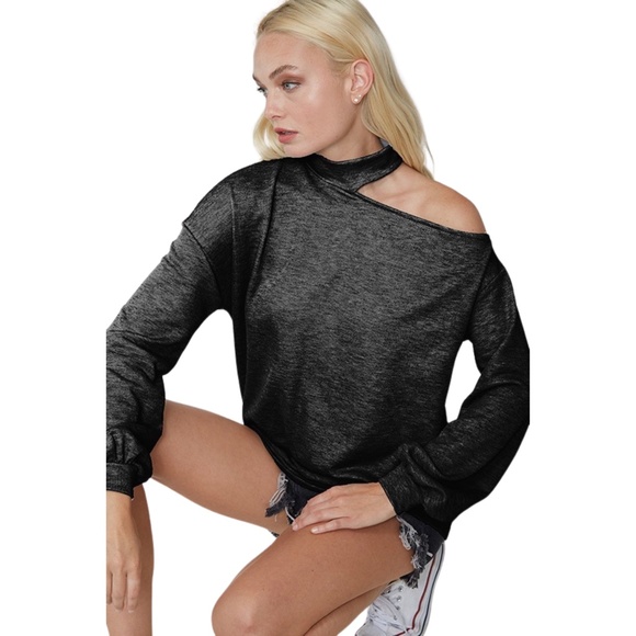 Asymmetrical Cutout Choker Sweatshirt – Heather Gray - Picture 6 of 6